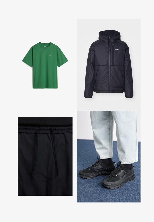 Czarna, pikowana kurtka Nike z przednim zamkiem błyskawicznym i kapturem. Posiada białe logo po lewej stronie klatki piersiowej oraz podwójne kieszenie z przodu. Gładka struktura zewnętrzna.; Zielona bawełniana koszulka z krótkim rękawem, okrągłym dekoltem i małym białym logo Vans na piersi. Gładka faktura, luźny krój.; Czarne szorty z elastycznym paskiem na sznurku, lekkiego materiału o gładkiej fakturze oraz prostym wzornictwie bez widocznych logo czy wzorów.; Czarne buty sportowe z teksturowanej tkaniny i gumowymi podeszwami, z elastycznymi sznurówkami i niebieskim akcentem na pięcie. Noszone z jasnymi dżinsami.