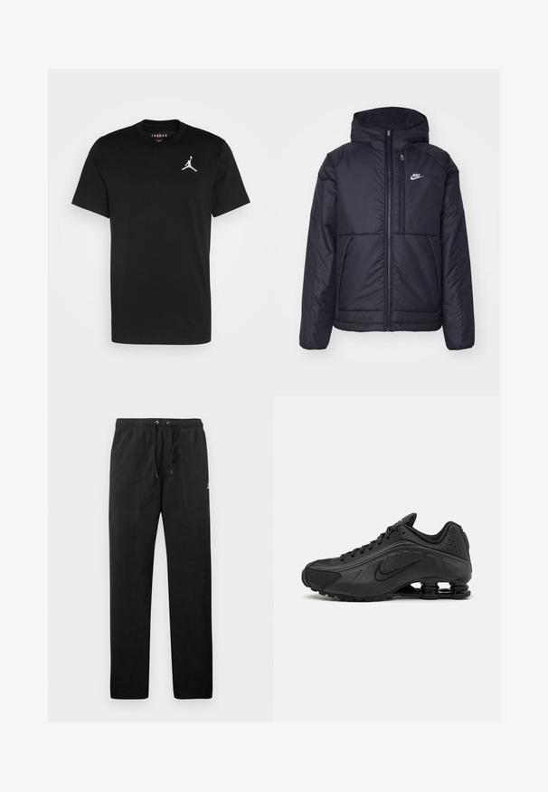 Black, padded Nike jacket with a front zipper and hood. Features a white logo on the left chest and dual front pockets. Smooth exterior texture.; Black cotton t-shirt with short sleeves, crew neck, and a white Jumpman logo on the left chest. Smooth texture, standard fit.; Black sweatpants made of fleece, featuring an elastic waistband with drawstrings, two front pockets, and a small logo on the thigh.; Black running shoes featuring a smooth synthetic upper, perforated accents, textured side panels, and a distinct springy sole.