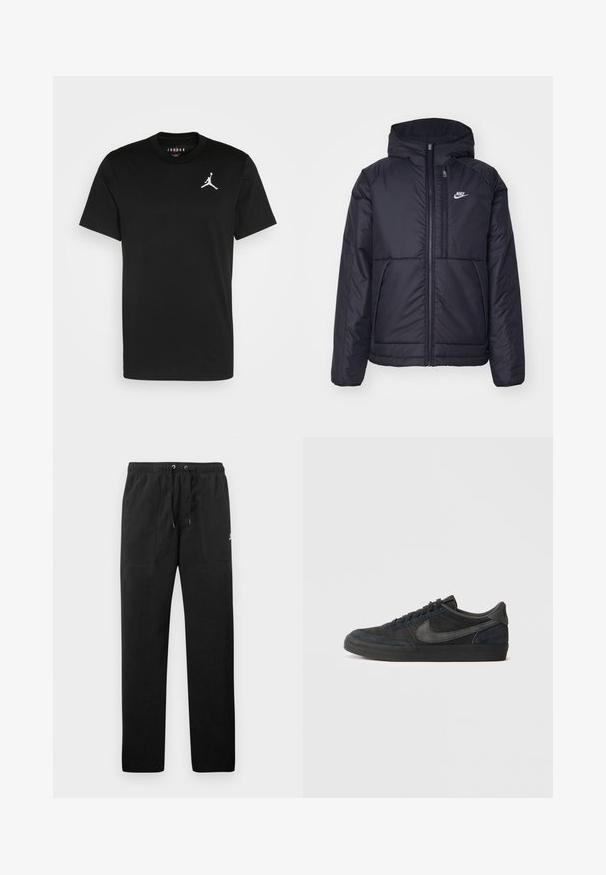 Black, padded Nike jacket with a front zipper and hood. Features a white logo on the left chest and dual front pockets. Smooth exterior texture.; Black cotton t-shirt with short sleeves, crew neck, and a white Jumpman logo on the left chest. Smooth texture, standard fit.; Black sweatpants made of fleece, featuring an elastic waistband with drawstrings, two front pockets, and a small logo on the thigh.; Black suede sneakers with a low profile, rubber outsole, textured side panels, and tonal Nike swoosh logo. Laced front, cushioned collar.