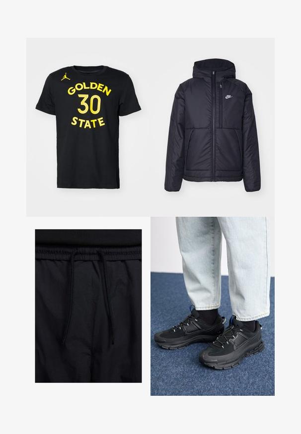 Black, padded Nike jacket with a front zipper and hood. Features a white logo on the left chest and dual front pockets. Smooth exterior texture.; Nike Performance NBA GOLDEN STATE WARRIORS STEPHEN CURRY TEE - Club wear - black; Black shorts featuring a drawstring waistband, lightweight fabric with a smooth texture, and a simple design without visible logos or patterns.; Black athletic shoes with textured fabric and rubber soles, featuring elastic laces and a blue accent on the heel. Worn with light denim pants.