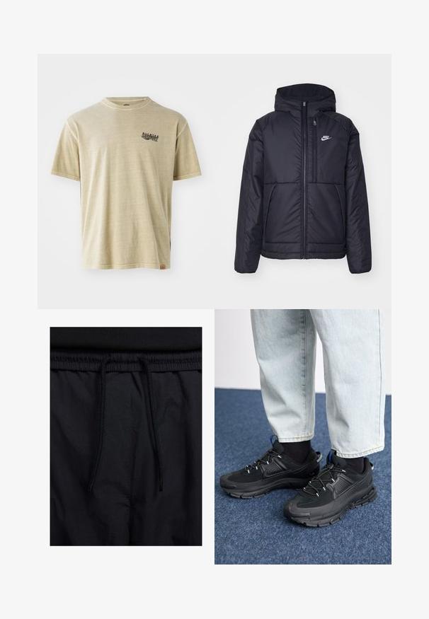 Must musta Nike jope, millel on ees lukuga avamine ja kapuuts. Vasakpoolne rind on kaunistatud valge logoga ning ees on kaks taskut. Sile välimine tekstuur.; Beesiltane puuvillane T-särk lühikeste varrukatega, ümar kaelus ja väike must graafiline trükk vasakul rinnal. Silt on nähtav altpoolt.; Mustad lühikesed püksid, millel on paelaga vöökoht, kerge kangas, mis on sileda tekstuuriga ning lihtne disain ilma nähtavate logode või mustriteta.; Mustad mustad jooksukingad, millel on tekstureeritud kangas ja kummist tallad, elastsed nöörid ning sinine aksent kandadel. Kandmine heledate teksadega.