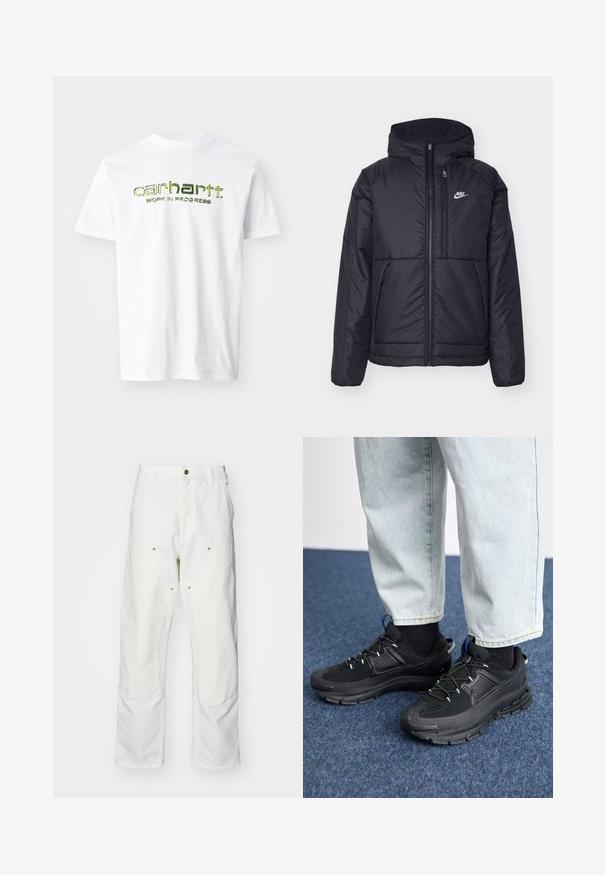 Czarna, pikowana kurtka Nike z przednim zamkiem błyskawicznym i kapturem. Posiada białe logo po lewej stronie klatki piersiowej oraz podwójne kieszenie z przodu. Gładka struktura zewnętrzna.; Biała bawełniana koszulka z zielonym nadrukiem "carhartt. WORK IN PROGRESS" na piersi. Krótkie rękawy i klasyczny okrągły dekolt.; Białe bawełniane spodnie cargo o luźnym kroju. Cechy to przednie kieszenie, złote akcenty oraz wzmocnione części kolan.; Czarne buty sportowe z teksturowanej tkaniny i gumowymi podeszwami, z elastycznymi sznurówkami i niebieskim akcentem na pięcie. Noszone z jasnymi dżinsami.