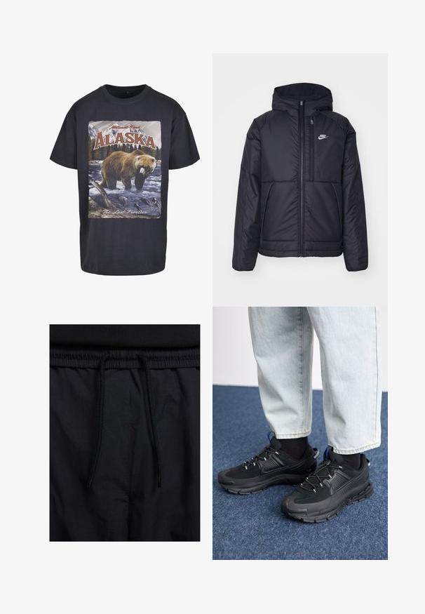Melna, pufota Nike jaka ar priekšējo rāvējslēdzēju un kapuci. Iezīmēta ar baltu logotipu uz kreisās krūtis un divām priekšējām kabatām. Gluda ārējā tekstūra.; Melnā kokvilnas T-kreklā ir attēlots lācis un zivs, kā arī uzraksti "Alaska" un "Pēdējā robeža". Īsas piedurknes, brīva piegriezuma.; Melni šorti ar sašūtu jostu, viegls audums ar gludu tekstūru un vienkāršs dizains bez redzamiem logotipiem vai paraugiem.; Melni sporta apavi ar strukturētu audumu un gumijas zoli, ar elastīgām auklām un zilu akcentu uz papēža. Nēsāti ar gaišām džinsu biksēm.