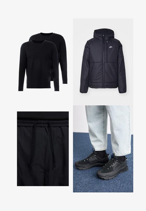 Black, padded Nike jacket with a front zipper and hood. Features a white logo on the left chest and dual front pockets. Smooth exterior texture.; Black long-sleeve t-shirts made from soft cotton. Round neckline, minimal design, and regular fit. Two shirts in a pack.; Black shorts featuring a drawstring waistband, lightweight fabric with a smooth texture, and a simple design without visible logos or patterns.; Black athletic shoes with textured fabric and rubber soles, featuring elastic laces and a blue accent on the heel. Worn with light denim pants.