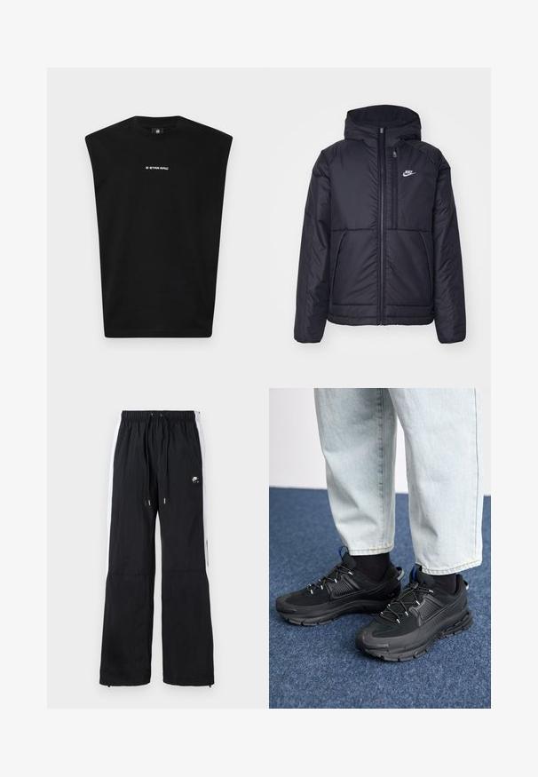 Črna, podložena Nike jakna z sprednjim zadrgo in kapuco. Ima bel logo na levem prsnem delu in dvojna sprednja žepa. Gladka zunanja tekstura.; Črna majica brez rokavov iz bombaža, z okroglim izrezom in belim logotipom "G-STAR RAW" spredaj. Gladka tekstura, sproščen kroj.; Črne športne hlače z elastičnim pasom, belimi stranskimi črtami, z zadrgo na manšetah in gumijastim logotipom na sprednji strani.; Črne športne čevlje z teksturirano tkanino in gumijastimi podplati, ki imajo elastične vezalke ter modre poudarke na peti. Nosi se z lahkimi denim hlačami.