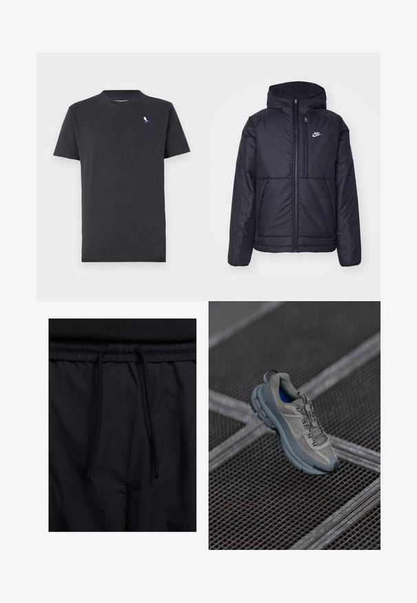 Svart, vadderad Nike-jacka med dragkedja framtill och huva. Har en vit logotyp på vänster bröst och dubbla framfickor. Slät yttextur.; Svart bomullströja med rund hals och korta ärmar, med en liten färgglad fågel-logotyp på vänster bröst.; Svarta shorts med dragsko i midjan, lättviktig tyg med en slät yta och en enkel design utan synliga logotyper eller mönster.; Beige och grå idrottssko med texturerad meshöverdel, rund tå och gummisula, med snörning och vadderad krage.
