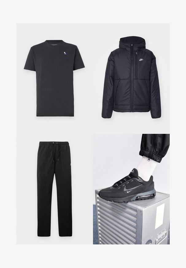 Czarna, pikowana kurtka Nike z przednim zamkiem błyskawicznym i kapturem. Posiada białe logo po lewej stronie klatki piersiowej oraz podwójne kieszenie z przodu. Gładka struktura zewnętrzna.; Czarny bawełniany t-shirt z okrągłym dekoltem i krótkimi rękawami, z małym, kolorowym logo ptaka po lewej stronie klatki piersiowej.; Czarne spodnie dresowe z polaru, z elastycznym paskiem w talii ze sznurkiem, dwiema przednimi kieszeniami oraz małym logo na udzie.; Nike Sportswear PULSE czarny