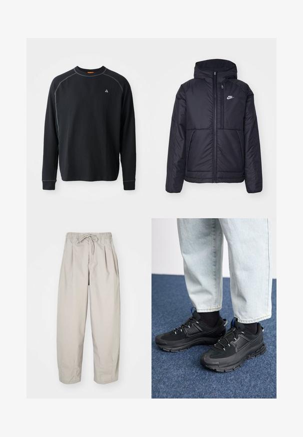 Melna, pufota Nike jaka ar priekšējo rāvējslēdzēju un kapuci. Iezīmēta ar baltu logotipu uz kreisās krūtis un divām priekšējām kabatām. Gluda ārējā tekstūra.; Melna garo piedurkņu krekls no tekstūras auduma. Iekļauj apaļo kaklu, kontrastējošas šuves un nelielu logotipu pie krūtīm. Regulāra piegriezums.; Beige, viegla auduma bikses ar elastīgu jostu un auklu. Iespējas - krokas un brīvs piegriezums, izgatavotas no mīksta, gluda auduma.; Melni sporta apavi ar strukturētu audumu un gumijas zoli, ar elastīgām auklām un zilu akcentu uz papēža. Nēsāti ar gaišām džinsu biksēm.