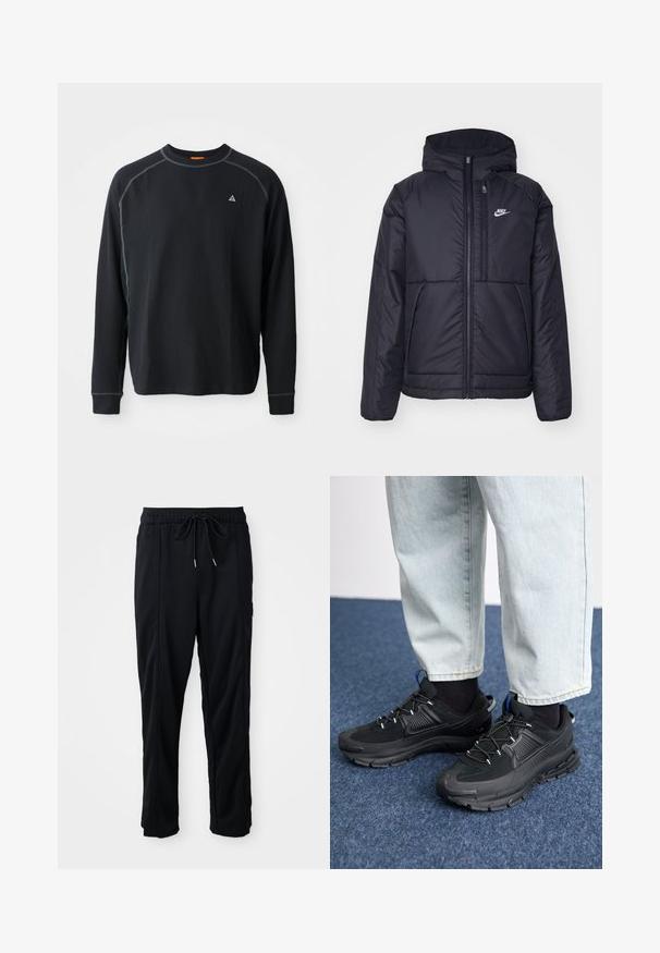 Juodas, paminkštintas Nike džemperis su priekyje užtrauktuku ir gobtuvu. Pasižymi balta logo kairėje krūtinės pusėje ir dviem priekinėmis kišenėmis. Su lygiu išoriniu paviršiumi.; Juodas ilgomis rankovėmis marškinėlis iš tekstūruoto audinio. Su apvaliu iškirpimu, kontrastingais siūlais ir mažą logotipą krūtinėje. Standartinė siluetas.; Juodos laisvos kelnės su raišteliu liemens, šoninėmis kišenėmis ir tiesiu kirpimu ant vienodos fono.; Juodi sportiniai bateliai su tekstūruota medžiaga ir guminiais padais, su elastingomis raišteliais ir mėlynu akcentu ant kulno. Dėvimi su šviesiai mėlynomis džinsinėmis kelnėmis.