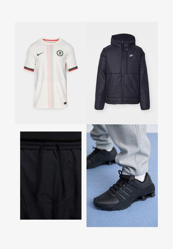 Veste Nike noire rembourrée avec une fermeture éclair sur le devant et une capuche. Elle présente un logo blanc sur la poitrine gauche et deux poches avant. Texture extérieure lisse.; Maillot de football blanc avec un motif texturé, ornée de rayures vertes et rouges, col rond, manches courtes et logo de Chelsea FC sur la poitrine.; Shorts noirs avec un élastique à cordon de serrage, en tissu léger avec une texture lisse, et un design simple sans logos ni motifs visibles.; Personne portant des baskets Nike Shox noires et un pantalon de survêtement gris, debout sur un tapis bleu clair.