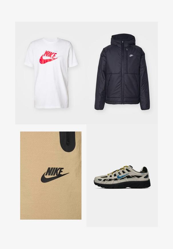 Μαύρο, επενδυμένο μπουφάν Nike με μπροστινό φερμουάρ και κουκούλα. Διαθέτει λευκό λογότυπο στο αριστερό στήθος και διπλές μπροστινές τσέπες. Λείο εξωτερικό υλικό.; Λευκό βαμβακερό t-shirt με μεγάλο κόκκινο λογότυπο Nike με φθορά, κοντά μανίκια και στρογγυλή λαιμόκοψη.; Nike μπεζ ύφασμα με λεία υφή, διαθέτοντας σχεδίαση έντονης μαύρης λογότυπης. Περιλαμβάνει έναν κοντό μαύρο φερμουάρ στην κορυφή.; Μπεζ και μαύρα sneakers Nike P-6000 με μπλέ σουέτ, κίτρινες κορδόνες, μαύρη σόλα και ετικέτα από ύφασμα Cordura στην φτέρνα.