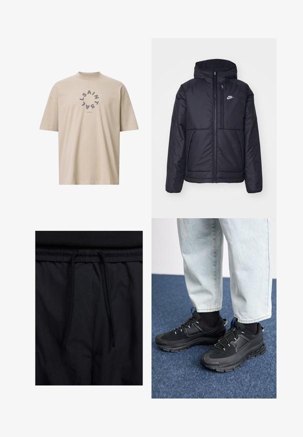 Črna, podložena Nike jakna z sprednjim zadrgo in kapuco. Ima bel logo na levem prsnem delu in dvojna sprednja žepa. Gladka zunanja tekstura.; Bež majica oversized kroja iz bombaža, z okroglo grafiko v temnosivi barvi s tekstom "SAINT LONDON" v središču.; Črne kratke hlače z vrvico v pasu, lahkotna tkanina z gladko teksturo in preprosto zasnovo brez vidnih logotipov ali vzorcev.; Črne športne čevlje z teksturirano tkanino in gumijastimi podplati, ki imajo elastične vezalke ter modre poudarke na peti. Nosi se z lahkimi denim hlačami.