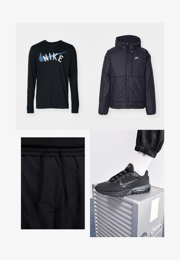 Schwarze, gepolsterte Nike-Jacke mit Frontreißverschluss und Kapuze. Hat ein weißes Logo auf der linken Brust und zwei Fronttaschen. Glattes äußeres Material.; Nike Performance TEE - Langarmshirt - black; Schwarze Shorts mit einem Kordelzugbund, leichtem Stoff mit glatter Textur und einem schlichten Design ohne sichtbare Logos oder Muster.; Nike Sportswear PULSE - Sneaker low - black/anthracite