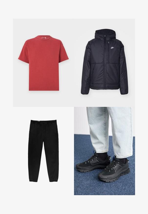 Musta, pehmustettu Nike-takki, jossa on etuvetoketju ja huppu. Vasemmassa rinnassa on valkoinen logo ja takissa on kaksinkertaiset etutaskut. Pintakoe on sileä.; Punainen puuvillainen T-paita, jossa on pyöreä kaula-aukko ja lyhyet hihat. Paita on pehmeästä kankaasta ja rentoa mallista. Ei näkyviä kuvioita tai metalliosia.; Mustat joustavat vyötäröhousut, joissa on nyöri, kapenevat lahkeet, sivutaskut ja hienovaraiset sivustikkaukset. Pehmeä puuvillakangas.; Mustat urheilukengät, joissa on teksturoitu kangas ja kumipohjat, elastiset nauhat ja sininen yksityiskohta kannassa. Yhdistetty vaaleisiin farkkuihin.