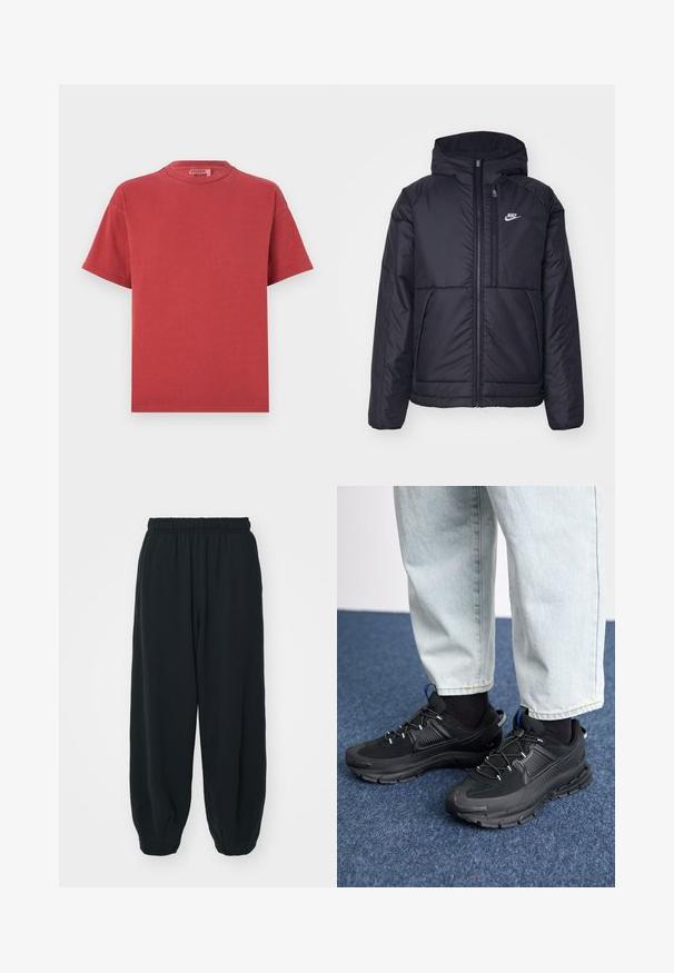 Black, padded Nike jacket with a front zipper and hood. Features a white logo on the left chest and dual front pockets. Smooth exterior texture.; Red cotton T-shirt with a round neck and short sleeves, featuring a soft texture and a relaxed fit. No visible patterns or hardware details.; Black, elasticated-waist sweatpants with a loose fit, cuffed ankles, smooth texture, and no visible patterns or hardware accents.; Black athletic shoes with textured fabric and rubber soles, featuring elastic laces and a blue accent on the heel. Worn with light denim pants.