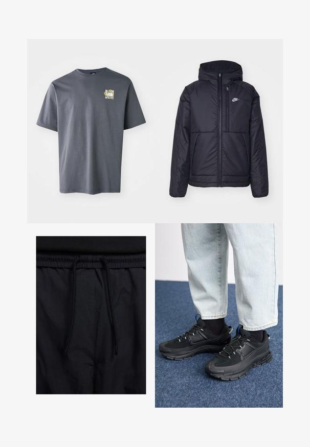 Fekete, párnázott Nike dzseki elülső cipzárral és kapucnival. A bal mellen fehér logó található, valamint két elülső zseb. Simának tűnő külső felület.; Szürke, rövid ujjú, pamut póló, kis virágos grafikával a mellrészen. Kerek nyakú dizájn, puha tapintás és laza szabás.; Fekete rövidnadrág, húzózsinórral ellátott derékrésszel, könnyű anyagból, sima felszínen, egyszerű dizájnnal, látható logók vagy minták nélkül.; Fekete sportcipők texturált anyaggal és gumitalppal, elasztikus fűzőkkel és kék kiegészítővel a saroknál. Világos farmernadrággal viselve.