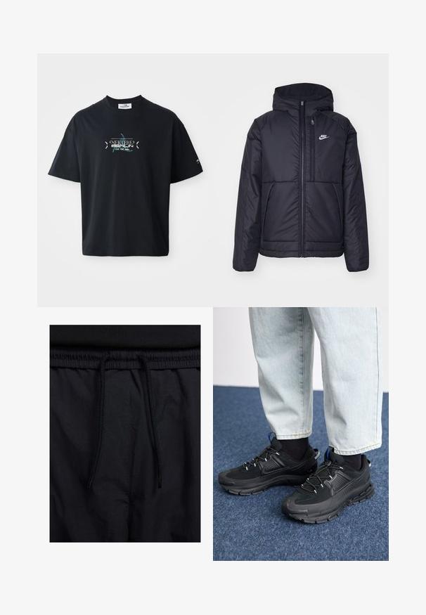 Casaco Nike preto, acolchoado, com fecho à frente e capuz. Apresenta um logo branco no lado esquerdo do peito e dois bolsos frontais. Textura exterior lisa.; T-shirt de algodão preto com gola redonda, apresentando um design gráfico turquesa e texto na parte da frente. Mangas curtas e corte descontraído.; Calções pretos com um cós elástico ajustável, fabricados em tecido leve com uma textura suave e um design simples, sem logótipos ou padrões visíveis.; Sapatilhas desportivas pretas com tecido texturizado e solas em borracha, apresentando atacadores elásticos e um detalhe azul no calcanhar. Usadas com calças de ganga claras.