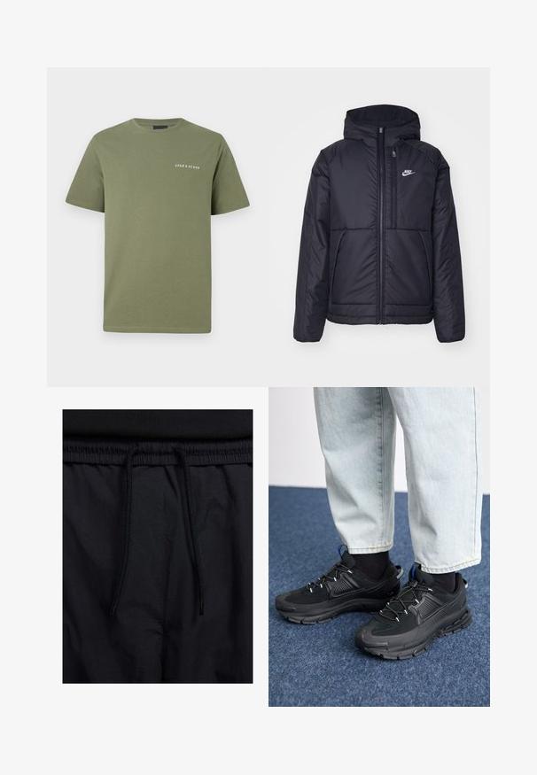 Svart, polstret Nike-jakke med frontglidelås og hette. Har en hvit logo på venstre bryst og doble frontlommer. Glatt ytterside.; Oliven grønn bomulls T-skjorte med korte ermer og rund halslinning. Har en hvit logo trykk på venstre brystområde. Glatt tekstur.; Sorte shorts med snor i livet, lett stoff med en jevn tekstur, og et enkelt design uten synlige logoer eller mønstre.; Svarte sportssko med teksturert stoff og gummisåler, med elastiske lisser og en blå detalj på hælen. Brukt med lyse denimbukser.
