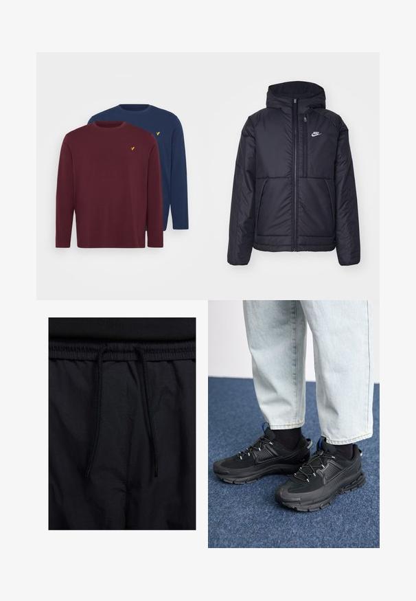 Black, padded Nike jacket with a front zipper and hood. Features a white logo on the left chest and dual front pockets. Smooth exterior texture.; Pier One 2 PACK - Long sleeved top - bordeaux/dark blue; Black shorts featuring a drawstring waistband, lightweight fabric with a smooth texture, and a simple design without visible logos or patterns.; Black athletic shoes with textured fabric and rubber soles, featuring elastic laces and a blue accent on the heel. Worn with light denim pants.