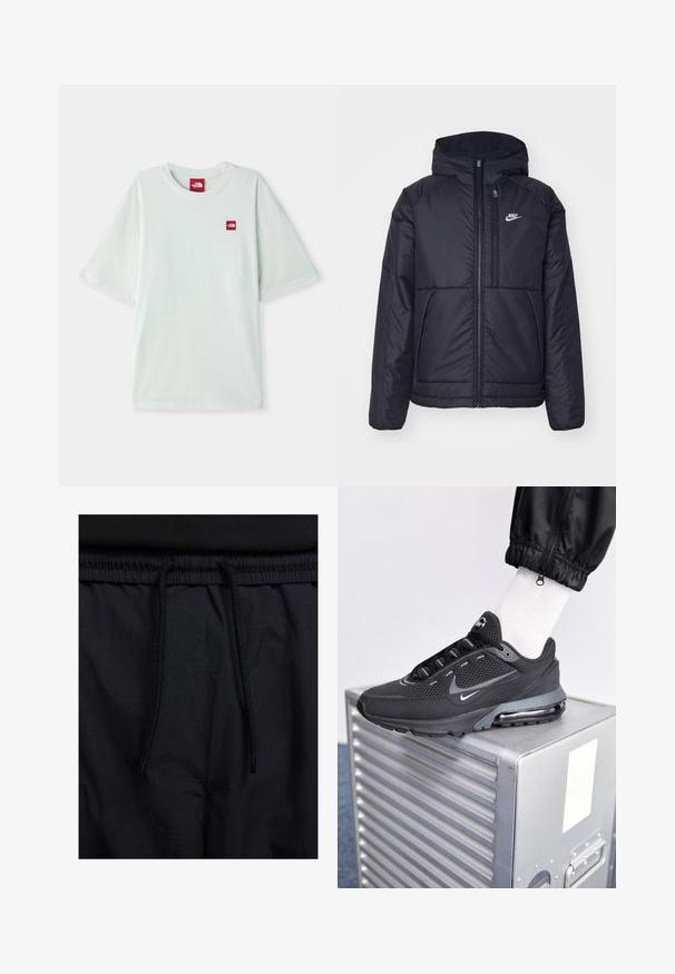 Chaqueta acolchada negra de Nike con cremallera frontal y capucha. Presenta un logo blanco en el lado izquierdo del pecho y dos bolsillos frontales. Textura exterior suave.; Camiseta de manga corta verde claro hecha de algodón suave, con una pequeña etiqueta de logo rojo en el área del pecho izquierdo. Corte relajado y escote redondo.; Pantalones cortos negros con cinturilla ajustable, tejido ligero con una textura suave y un diseño sencillo sin logotipos visibles ni patrones.; Nike Sportswear PULSE - Zapatillas - black/anthracite