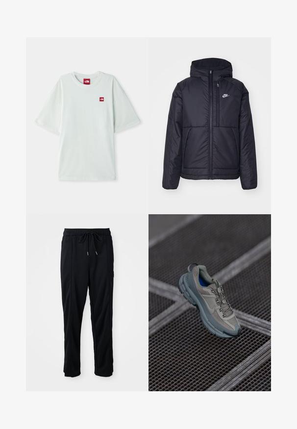 Casaco Nike preto, acolchoado, com fecho à frente e capuz. Apresenta um logo branco no lado esquerdo do peito e dois bolsos frontais. Textura exterior lisa.; T-shirt de manga curta verde claro, feito de algodão macio, com uma pequena etiqueta de logo vermelha na área do peito esquerdo. Corte descontraído e gola redonda.; Calças casuais pretas com cordão na cintura, com bolsos laterais e corte reto, sobre um fundo simples.; Sapatilha atlética bege e cinza com parte superior em malha texturizada, ponta arredondada e sola de borracha, com atacadores e colarinho almofadado.