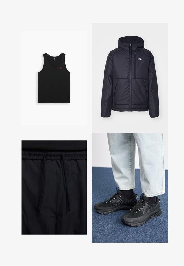 Melna, pufota Nike jaka ar priekšējo rāvējslēdzēju un kapuci. Iezīmēta ar baltu logotipu uz kreisās krūtis un divām priekšējām kabatām. Gluda ārējā tekstūra.; Melna kokvilnas tank top ar apaļu izgriezumu un platām lencēm. Uz kreisā krūškurvja ir neliels sarkans logo. Gluda tekstūra.; Melni šorti ar sašūtu jostu, viegls audums ar gludu tekstūru un vienkāršs dizains bez redzamiem logotipiem vai paraugiem.; Melni sporta apavi ar strukturētu audumu un gumijas zoli, ar elastīgām auklām un zilu akcentu uz papēža. Nēsāti ar gaišām džinsu biksēm.