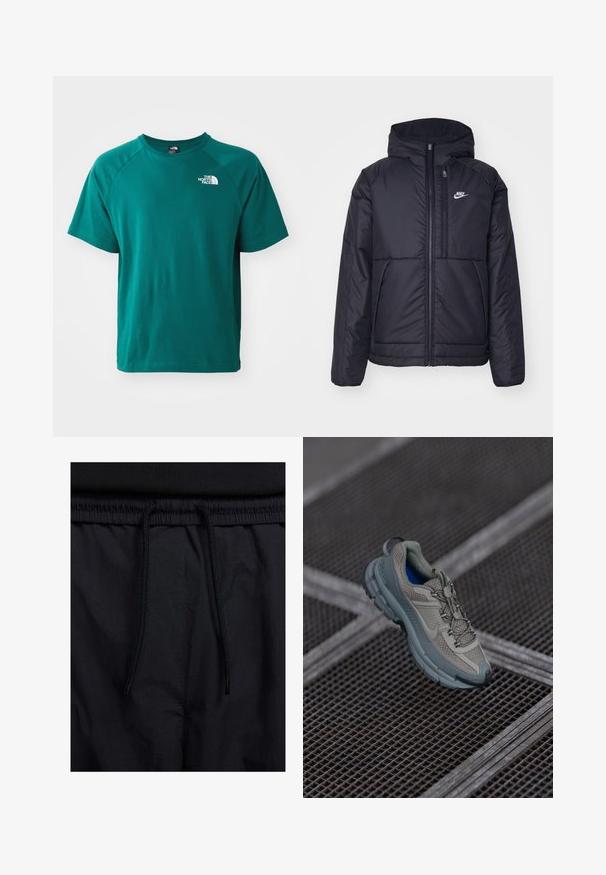 Μαύρο, επενδυμένο μπουφάν Nike με μπροστινό φερμουάρ και κουκούλα. Διαθέτει λευκό λογότυπο στο αριστερό στήθος και διπλές μπροστινές τσέπες. Λείο εξωτερικό υλικό.; T-shirt κοντομάνικο, με στρογγυλή λαιμόκοψη σε τιρκουάζ ύφασμα. Διαθέτει άσπρο λογότυπο στο επάνω αριστερό μέρος του στήθους. Μαλακή υφή, άνετη εφαρμογή και απλός σχεδιασμός.; Μαύρο σορτσάκι με ζωνάκι που ρυθμίζεται, ελαφρύ ύφασμα με απλή υφή και απλό σχέδιο χωρίς ορατά λογότυπα ή μοτίβα.; Πετρόλ και γκρι αθλητικό παπούτσι με υφασμάτινη επένδυση, στρογγυλή μύτη και καουτσουκέιν σόλα, διαθέτοντας κορδόνια και μαξιλαρωμένη περιφέρεια.