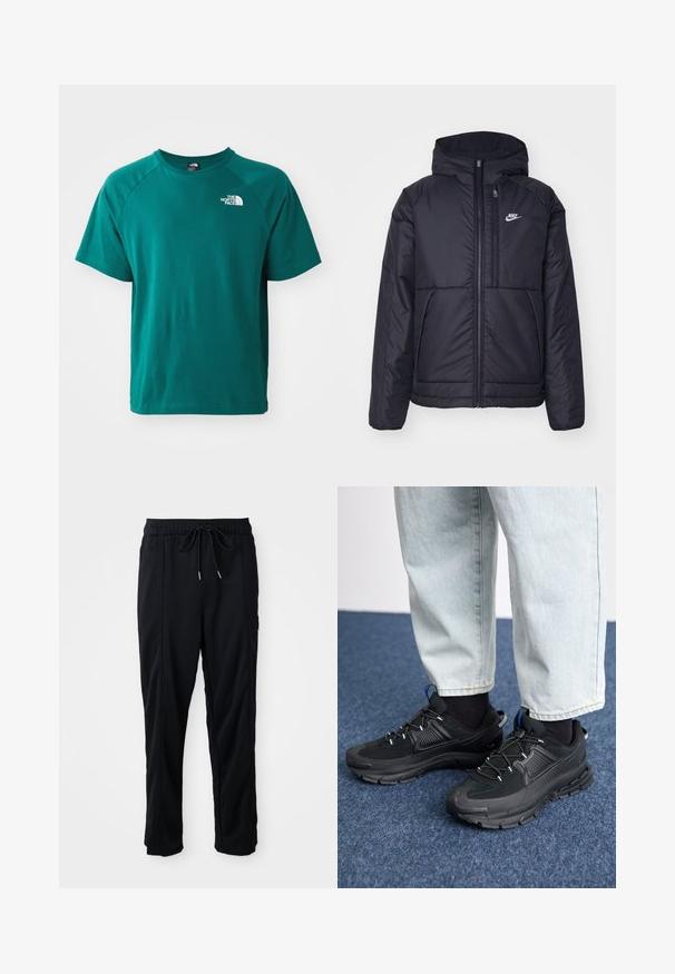 Čierna, polstrovaná bunda Nike so zipsom vpredu a kapucňou. Na ľavej strane hrude sa nachádza biele logo a sú tu dva predné vrecká. Hladký vonkajší povrch.; Tričko s krátkym rukávom a okrúhlym výstrihom v teal farbe. Na hornej ľavej strane hrude sa nachádza biele logo. Mäkká textúra, voľný strih a jednoduchý dizajn.; Čierne voľné nohavice na gumičku v páse s bočnými vreckami a rovnými nohavicami na jednoduchom pozadí.; Čierne športové topánky s textúrovanou tkaninou a gumovou podrážkou, so elastickými šnúrkami a modrým akcentom na päte. Nosia sa s svetlými riflami.