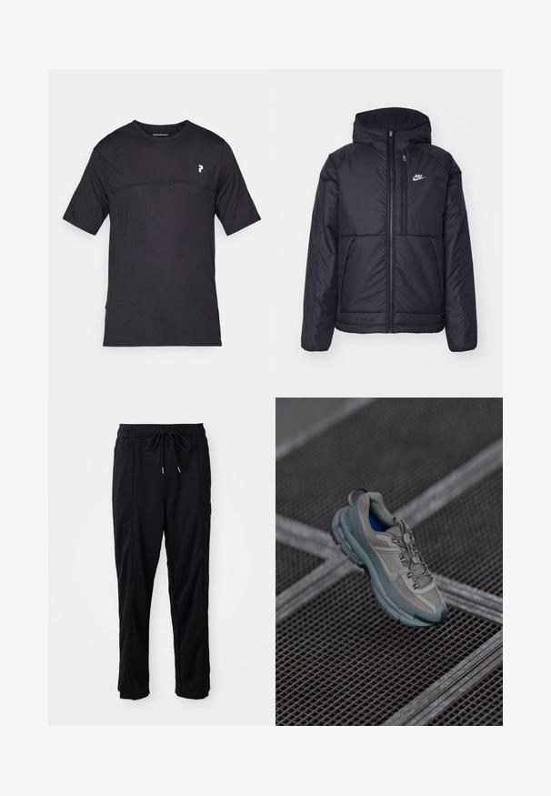 Melna, pufota Nike jaka ar priekšējo rāvējslēdzēju un kapuci. Iezīmēta ar baltu logotipu uz kreisās krūtis un divām priekšējām kabatām. Gluda ārējā tekstūra.; Peak Performance TRAIL - Apdrukāts T-krekls - black; Melnas bikses ar aukliņu jostas vietā, ar sānu kabatām un taisnu kāju griezumu uz vienkrāsaina fona.; Bežīgas un pelēkas sporta kurpes ar teksturētu sieta augšdaļu, noapaļotu purngalu un gumijas zoli, satur šņores un mīkstinātu apkakli.