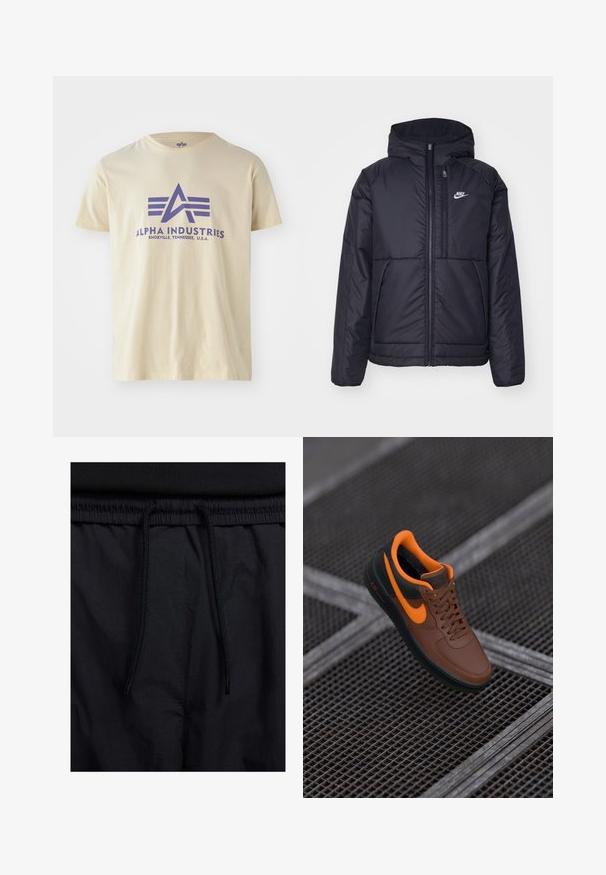Sort, polstret Nike-jakke med frontlynlås og hætte. Har et hvidt logo på venstre bryst og to frontlommer. Glat ydre tekstur.; Beige bomulds t-shirt med rund hals, med et lilla grafisk logo og tekst, der læser "ALPHA INDUSTRIES, KNOXVILLE, TENNESSEE, U.S.A."; Sorte shorts med snoretræk i taljen, letvægtsstof med en glat tekstur og et simpelt design uden synlige logoer eller mønstre.; Brune lædersneakers med orange accenter, rund tå, snørebåndsdesign og struktureret overflade. Grøn gummisål med synlig "AIR" branding.