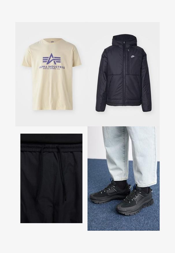 Fekete, párnázott Nike dzseki elülső cipzárral és kapucnival. A bal mellen fehér logó található, valamint két elülső zseb. Simának tűnő külső felület.; Beige színű pamut póló kerek nyakkal, amelyen egy lila grafikus logó és a "ALPHA INDUSTRIES, KNOXVILLE, TENNESSEE, U.S.A." felirat található.; Fekete rövidnadrág, húzózsinórral ellátott derékrésszel, könnyű anyagból, sima felszínen, egyszerű dizájnnal, látható logók vagy minták nélkül.; Fekete sportcipők texturált anyaggal és gumitalppal, elasztikus fűzőkkel és kék kiegészítővel a saroknál. Világos farmernadrággal viselve.
