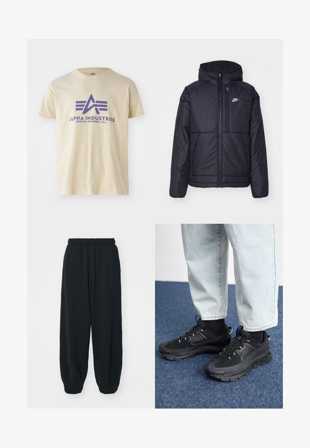 Fekete, párnázott Nike dzseki elülső cipzárral és kapucnival. A bal mellen fehér logó található, valamint két elülső zseb. Simának tűnő külső felület.; Beige színű pamut póló kerek nyakkal, amelyen egy lila grafikus logó és a "ALPHA INDUSTRIES, KNOXVILLE, TENNESSEE, U.S.A." felirat található.; Fekete, rugalmas derékpántos melegítőnadrág, laza fit, véget érő szárakkal, sima textúrával, látható minták vagy hardver díszek nélkül.; Fekete sportcipők texturált anyaggal és gumitalppal, elasztikus fűzőkkel és kék kiegészítővel a saroknál. Világos farmernadrággal viselve.
