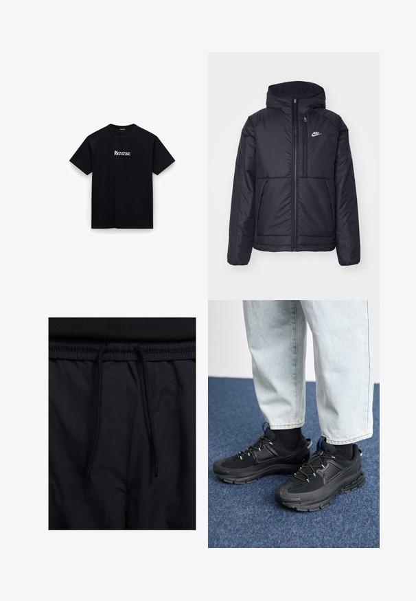 Sort, polstret Nike-jakke med frontlynlås og hætte. Har et hvidt logo på venstre bryst og to frontlommer. Glat ydre tekstur.; Sort bomulds T-shirt med rund hals, korte ærmer og hvidt stiliseret tekstlogo på brystet. Glat tekstur, afslappet pasform.; Sorte shorts med snoretræk i taljen, letvægtsstof med en glat tekstur og et simpelt design uden synlige logoer eller mønstre.; Sorte træningssko med tekstureret stof og gummisåler, udstyret med elastiske snørebånd og en blå detalje på hælen. Bæres med lyse denimbukser.