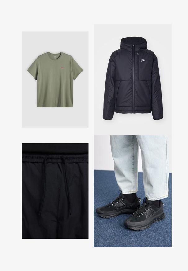 Čierna, polstrovaná bunda Nike so zipsom vpredu a kapucňou. Na ľavej strane hrude sa nachádza biele logo a sú tu dva predné vrecká. Hladký vonkajší povrch.; Olivovo zelené bavlnené tričko s okrúhlym výstrihom a krátkymi rukávmi, so spodným červeným logom Levi's vyšitým na ľavej hrudi.; Čierne šortky s pásom na stiahnutie, z ľahkej látky s hladkou textúrou a jednoduchým dizajnom bez viditeľných log alebo vzorov.; Čierne športové topánky s textúrovanou tkaninou a gumovou podrážkou, so elastickými šnúrkami a modrým akcentom na päte. Nosia sa s svetlými riflami.