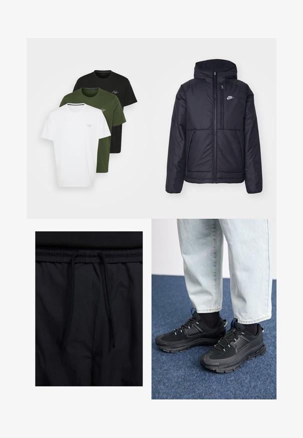 Jachetă Nike neagră, căptușită, cu fermoar pe față și glugă. Prezintă un logo alb pe pieptul stâng și două buzunare frontale. Textură exterioară netedă.; Trei tricouri cu mânecă scurtă în alb, verde măsliniu și negru. Fiecare are un guler rotund și un logo mic pe piept. Fabricate din bumbac.; Șorturi negre cu un brâu reglabil, dintr-un material ușor cu o textură netedă și un design simplu, fără logo-uri sau modele vizibile.; Pantofi sport negri, cu țesătură texturată și tălpi din cauciuc, având șireturi elastice și un accent albastru pe toc. Purtați cu pantaloni din denim deschis.