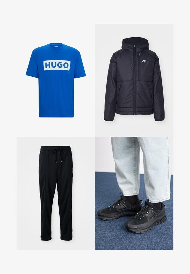 Casaco Nike preto, acolchoado, com fecho à frente e capuz. Apresenta um logo branco no lado esquerdo do peito e dois bolsos frontais. Textura exterior lisa.; T-shirt de algodão azul com uma grande graphic retangular branca apresentando o texto "HUGO" em letras azuis em negrito. Decote redondo clássico e mangas curtas.; Calças casuais pretas com cordão na cintura, com bolsos laterais e corte reto, sobre um fundo simples.; Sapatilhas desportivas pretas com tecido texturizado e solas em borracha, apresentando atacadores elásticos e um detalhe azul no calcanhar. Usadas com calças de ganga claras.