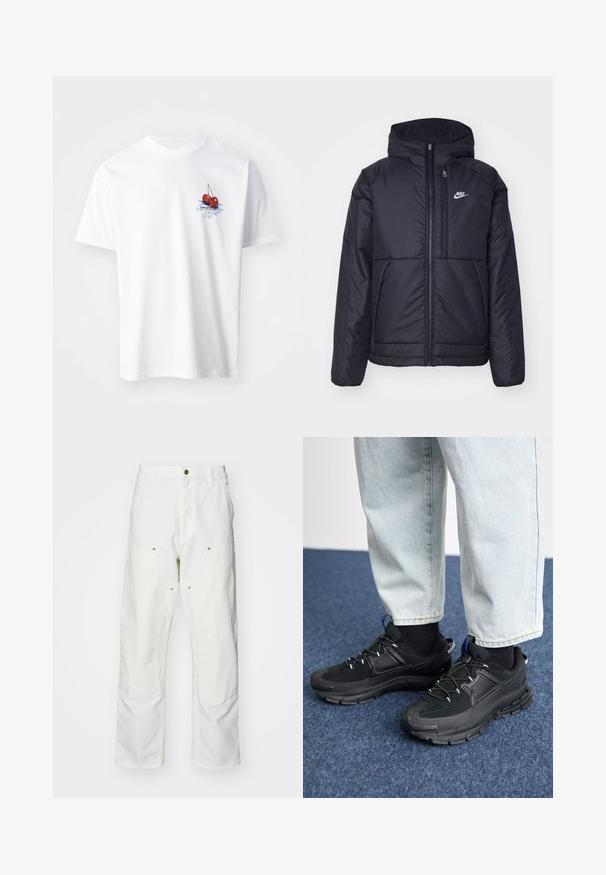 Black, padded Nike jacket with a front zipper and hood. Features a white logo on the left chest and dual front pockets. Smooth exterior texture.; White cotton t-shirt featuring a red cherry graphic with green leaves and blue text on the left chest. Short sleeves and crew neckline.; White cotton cargo pants with a relaxed fit. Features include front pockets, gold hardware accents, and reinforced knee sections.; Black athletic shoes with textured fabric and rubber soles, featuring elastic laces and a blue accent on the heel. Worn with light denim pants.