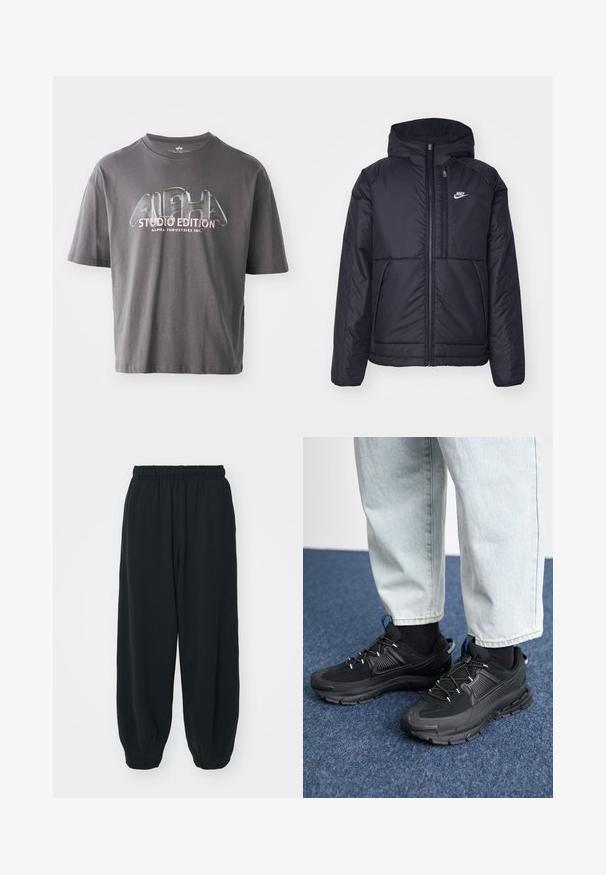 Chaqueta acolchada negra de Nike con cremallera frontal y capucha. Presenta un logo blanco en el lado izquierdo del pecho y dos bolsillos frontales. Textura exterior suave.; Camiseta de algodón gris de manga corta, que presenta un logo brillante "ALPHA STUDIO EDITION" en letras multicolor centrado en la parte frontal.; Pantalones de chándal negros con cintura elástica, de corte holgado, con puños en los tobillos, textura suave y sin patrones visibles ni acentos metálicos.; Zapatillas deportivas negras con tejido texturizado y suelas de goma, con cordones elásticos y un acento azul en el talón. Combinadas con pantalones de mezclilla claros.