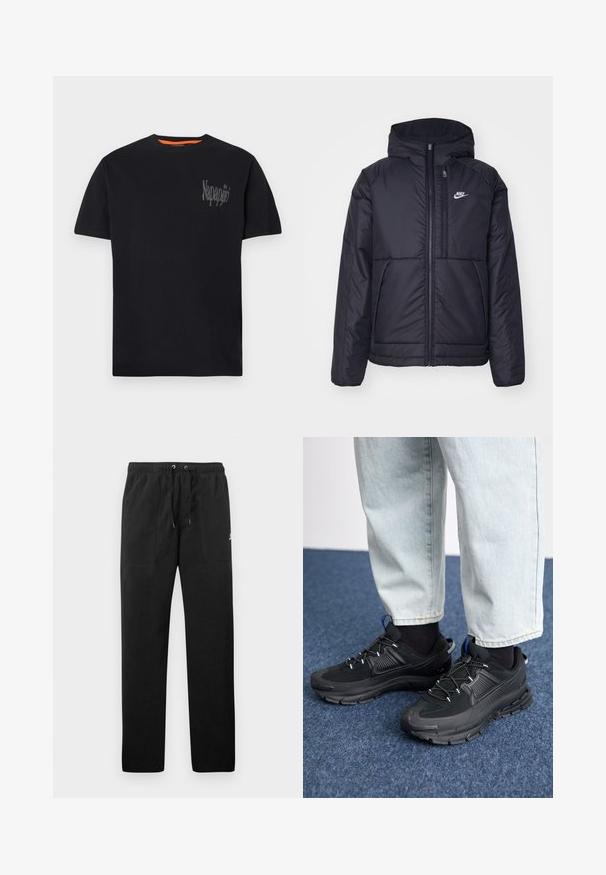 Black, padded Nike jacket with a front zipper and hood. Features a white logo on the left chest and dual front pockets. Smooth exterior texture.; Black cotton t-shirt with a crew neck, short sleeves, and a gray logo on the left chest. Features a contrasting orange interior at the neckline.; Black sweatpants made of fleece, featuring an elastic waistband with drawstrings, two front pockets, and a small logo on the thigh.; Black athletic shoes with textured fabric and rubber soles, featuring elastic laces and a blue accent on the heel. Worn with light denim pants.