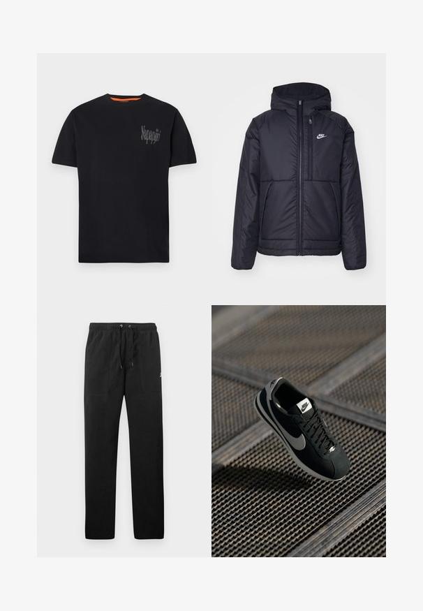 Czarna, pikowana kurtka Nike z przednim zamkiem błyskawicznym i kapturem. Posiada białe logo po lewej stronie klatki piersiowej oraz podwójne kieszenie z przodu. Gładka struktura zewnętrzna.; Czarna bawełniana koszulka z okrągłym dekoltem, krótkimi rękawami i szarym logo na lewej piersi. Z wnętrzem kołnierza w kontrastującym pomarańczowym kolorze.; Czarne spodnie dresowe z polaru, z elastycznym paskiem w talii ze sznurkiem, dwiema przednimi kieszeniami oraz małym logo na udzie.; Czarny sneaker Nike z szarymi akcentami, materiałami zamszowymi i siateczkowymi, teksturowaną podeszwą, wąskim kształtem i klasycznym zapięciem na sznurówki.