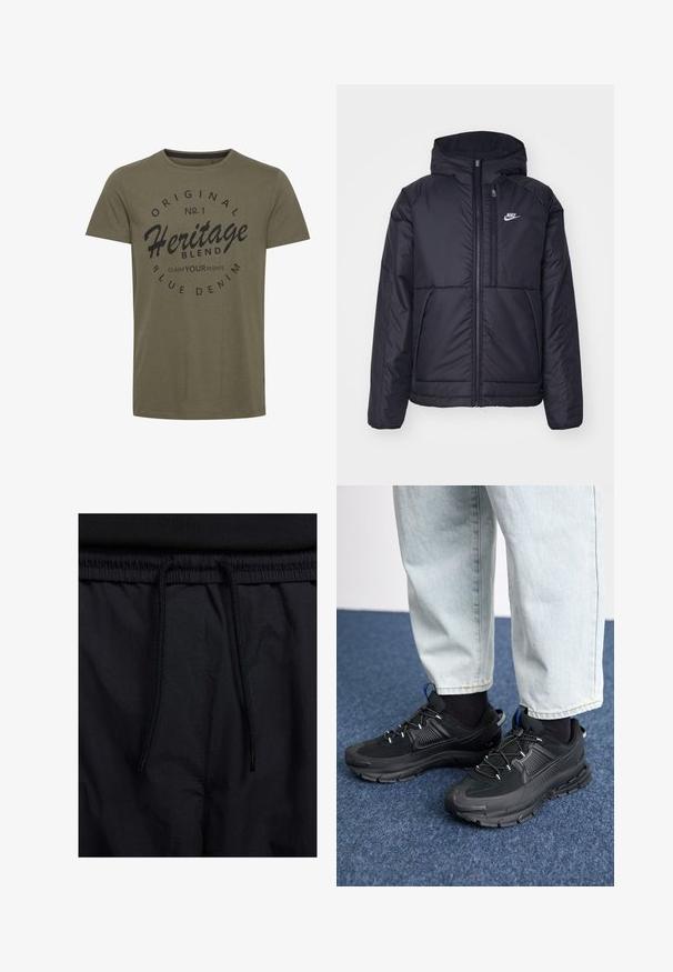 Must musta Nike jope, millel on ees lukuga avamine ja kapuuts. Vasakpoolne rind on kaunistatud valge logoga ning ees on kaks taskut. Sile välimine tekstuur.; Olive roheline puuvillane T-särk ümmarguse kaelusega, millel on must trükitud tekst: "Original No. 1 Heritage Blend Claim Your Rights" ringikujulises disainis.; Mustad lühikesed püksid, millel on paelaga vöökoht, kerge kangas, mis on sileda tekstuuriga ning lihtne disain ilma nähtavate logode või mustriteta.; Mustad mustad jooksukingad, millel on tekstureeritud kangas ja kummist tallad, elastsed nöörid ning sinine aksent kandadel. Kandmine heledate teksadega.