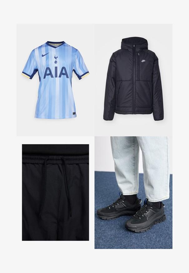 Svart, polstret Nike-jakke med frontglidelås og hette. Har en hvit logo på venstre bryst og doble frontlommer. Glatt ytterside.; Lyseblå fotballdrakt laget av glatt stoff, med vertikale striper, en marineblå krage, og "AIA" i fete marineblå bokstaver.; Sorte shorts med snor i livet, lett stoff med en jevn tekstur, og et enkelt design uten synlige logoer eller mønstre.; Svarte sportssko med teksturert stoff og gummisåler, med elastiske lisser og en blå detalj på hælen. Brukt med lyse denimbukser.