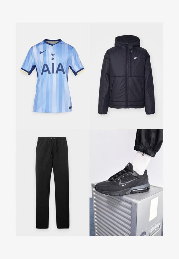 Zwarte, gewatteerde Nike-jas met een voorkant met ritssluiting en capuchon. Kenmerkt zich door een wit logo op de linkerborst en dubbele frontzakken. Gladde buitenkant.; Lichtblauw voetbalshirt van soepel materiaal, met verticale strepen, een marineblauwe kraag en "AIA" in vette marineblauwe letters.; Zwarte sweatpants van fleece, met een elastische tailleband met trekkoorden, twee voorzakken en een klein logo op de dij.; Nike Sportswear PULSE - Sneakers laag - black/anthracite
