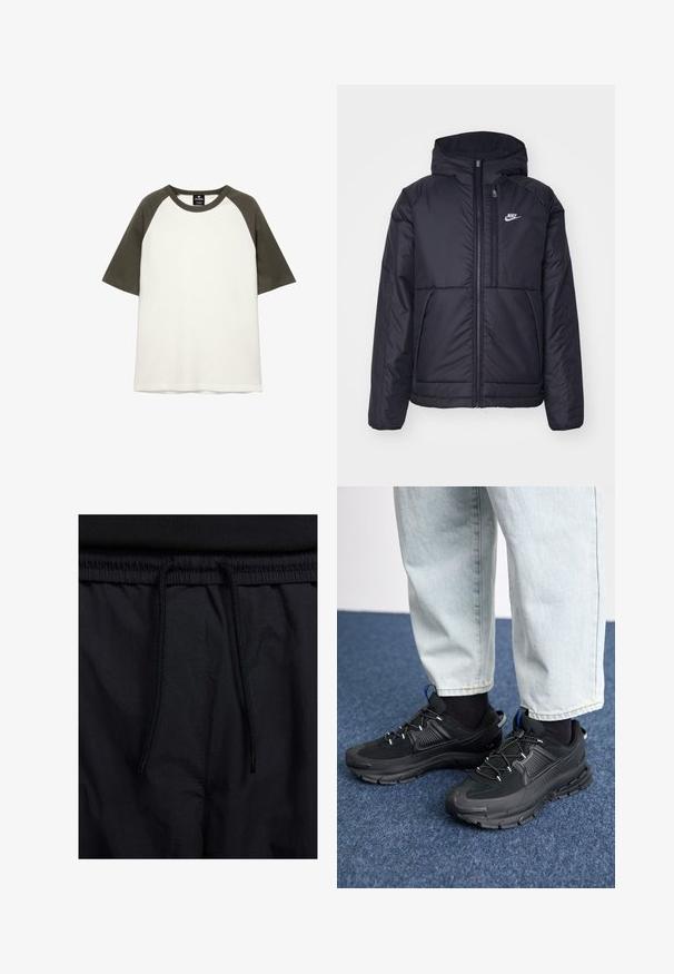 Černá zateplená bunda Nike s předním zipem a kapucí. Na levé straně hrudi má bílé logo a dvojité přední kapsy. Hladký povrch.; Tričko s krátkým rukávem vyrobené z bavlny, s bílým tělem a tmavě zelenými raglánovými rukávy, klasickým kulatým výstřihem.; Černé šortky s páskem na šňůrku, lehký materiál s hladkou texturou a jednoduchý design bez viditelných log nebo vzorů.; Černé sportovní boty s texturovanou tkaninou a gumovou podrážkou, s elastickými tkaničkami a modrým akcentem na patě. Nosí se s světlými džíny.