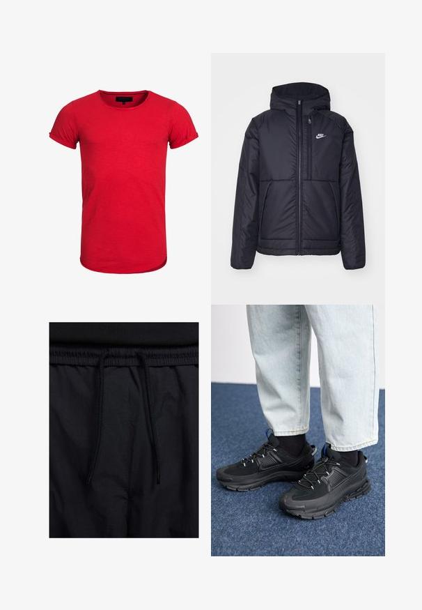 Svart, polstret Nike-jakke med frontglidelås og hette. Har en hvit logo på venstre bryst og doble frontlommer. Glatt ytterside.; Rød bomulls t-skjorte med rund hals, korte oppbrettede ermer, og en lett buet nederkant. Stoffet har en subtil tekstur og er tettsittende.; Sorte shorts med snor i livet, lett stoff med en jevn tekstur, og et enkelt design uten synlige logoer eller mønstre.; Svarte sportssko med teksturert stoff og gummisåler, med elastiske lisser og en blå detalj på hælen. Brukt med lyse denimbukser.