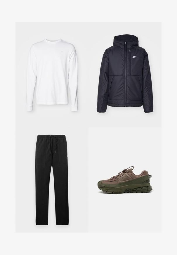 Schwarze, gepolsterte Nike-Jacke mit Frontreißverschluss und Kapuze. Hat ein weißes Logo auf der linken Brust und zwei Fronttaschen. Glattes äußeres Material.; Langärmliges weißes Baumwoll-T-Shirt mit Rundhalsausschnitt, gerippten Bündchen und kleinem grauen Logo auf der oberen linken Brust.; Schwarze Sweatpants aus Fleece, mit einem elastischen Bund mit Kordelzug, zwei Fronttaschen und einem kleinen Logo auf dem Oberschenkel.; Braune und grüne Sneaker mit strukturiertem Stoff, dickem Gummisohle, auffälligem Schnürsystem und gemusterten Details an der Seite.