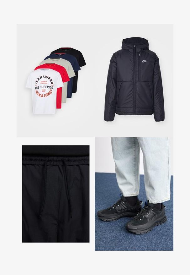 Juodas, paminkštintas Nike džemperis su priekyje užtrauktuku ir gobtuvu. Pasižymi balta logo kairėje krūtinės pusėje ir dviem priekinėmis kišenėmis. Su lygiu išoriniu paviršiumi.; Penki apvalaus kaklo marškiniai: balti, raudoni, pilki, tamsiai mėlyni ir juodi; balti marškiniai puošti grafiniu tekstu; pagaminti iš medvilnės, trumpomis rankovėmis.; Juodos šortai su raišteliu juosmens srityje, lengva medžiaga su lygiu paviršiumi ir paprastas dizainas be matomų logotipų ar raštų.; Juodi sportiniai bateliai su tekstūruota medžiaga ir guminiais padais, su elastingomis raišteliais ir mėlynu akcentu ant kulno. Dėvimi su šviesiai mėlynomis džinsinėmis kelnėmis.