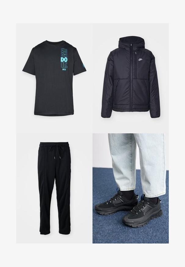 Sort, polstret Nike-jakke med frontlynlås og hætte. Har et hvidt logo på venstre bryst og to frontlommer. Glat ydre tekstur.; Sort bomulds T-shirt med et vertikalt blåt grafisk print, der læser "JUST DO IT!" og "INTER" på forsiden. Korte ærmer og rund hals.; Sorte afslappede bukser med snøring i livet, sidelommer og lige ben, på en ensfarvet baggrund.; Sorte træningssko med tekstureret stof og gummisåler, udstyret med elastiske snørebånd og en blå detalje på hælen. Bæres med lyse denimbukser.