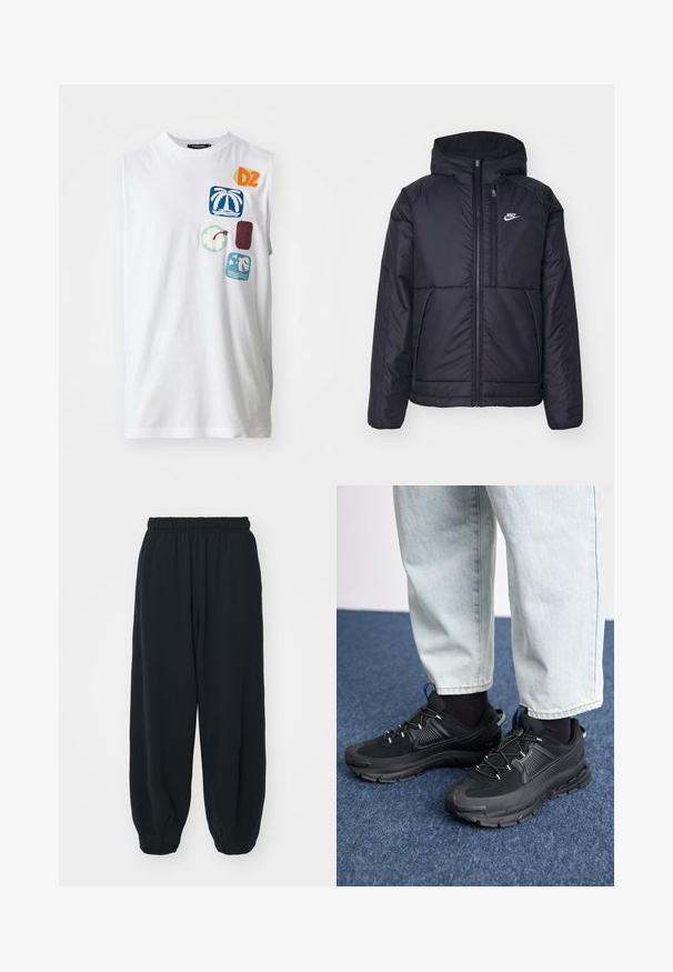 Giacca Nike nera, imbottita, con zip frontale e cappuccio. Presenta un logo bianco sul lato sinistro del petto e doppie tasche frontali. Texture esterna liscia.; T-shirt bianca senza maniche in cotone con grafica colorata, comprese patch di palme, fiori e design astratti in blu, verde e rosso.; Pantaloni da jogging neri con vita elasticizzata, dalla vestibilità morbida, caviglie a costina, texture liscia e senza motivi visibili o dettagli in metallo.; Scarpe sportive nere con tessuto testurizzato e suole in gomma, dotate di lacci elastici e un accento blu sul tallone. Indossate con pantaloni in denim chiaro.