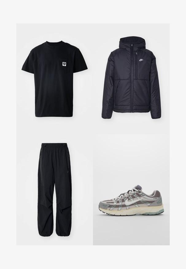 Musta, pehmustettu Nike-takki, jossa on etuvetoketju ja huppu. Vasemmassa rinnassa on valkoinen logo ja takissa on kaksinkertaiset etutaskut. Pintakoe on sileä.; Musta puuvillapaita, jossa on pyöreä kaula-aukko, lyhyet hihat ja vasemmassa rinnassa sydämen muotoinen logo valkoisena.; Mustat kevyet cargo-housut, joissa on joustava vyötärö, sivuvetoketjut ja tilavat taskut. Ominaisuuksiin kuuluu rento istuvuus ja kapenevat hihnat.; Harmaa urheilukenkä, jossa on verkko- ja mokkanahkainen yläosa, valkoiset yksityiskohdat, pehmustettu pohja ja erottuva muotoilu heijastavilla elementeillä.